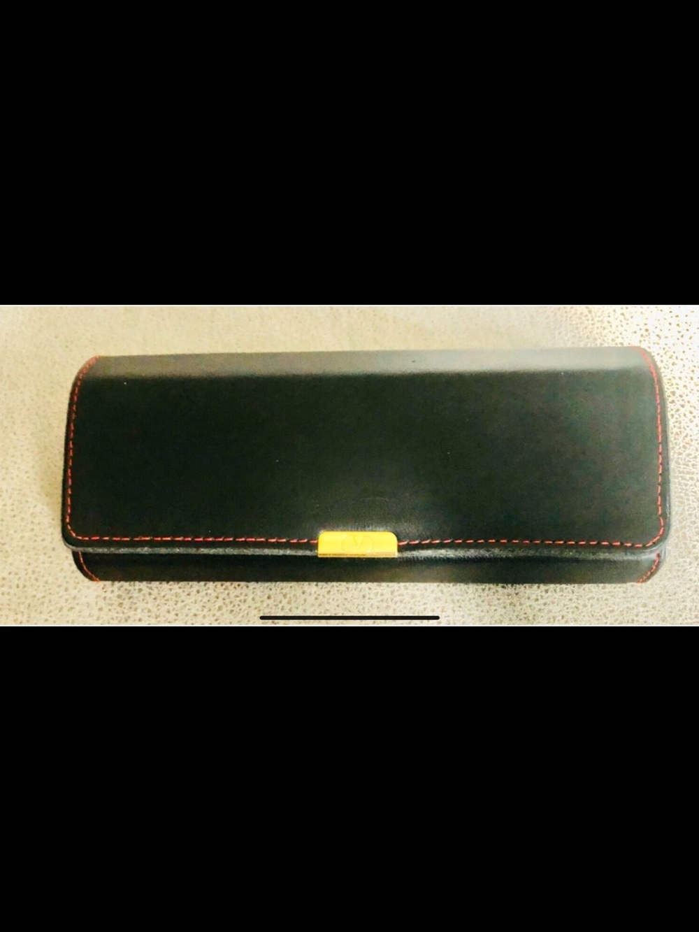 Valentino Black Leather Eyewear Case with Red Stitching and Gold Accent